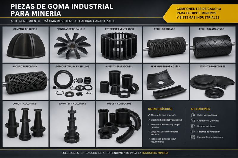 Piezas de goma industrial fabricadas por Poligom para minería
